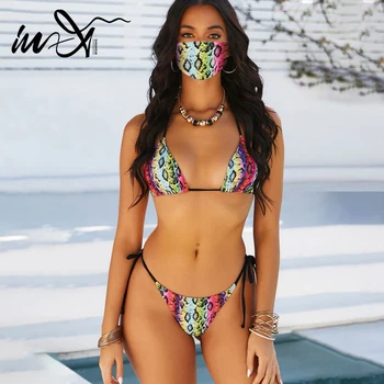 

In-X Snake print swimsuit with masks Sexy micro bikinis 2020 mujer Push up triangle swimwear women bather bathing suit Beachwear