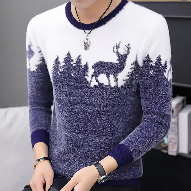 С бесплатным подарком, Рождественский свитер, Мужской Повседневный свитер с оленем,, Осень-зима, Рождественский пуловер, вязаный джемпер, свитера, 6534 - Цвет: Синий