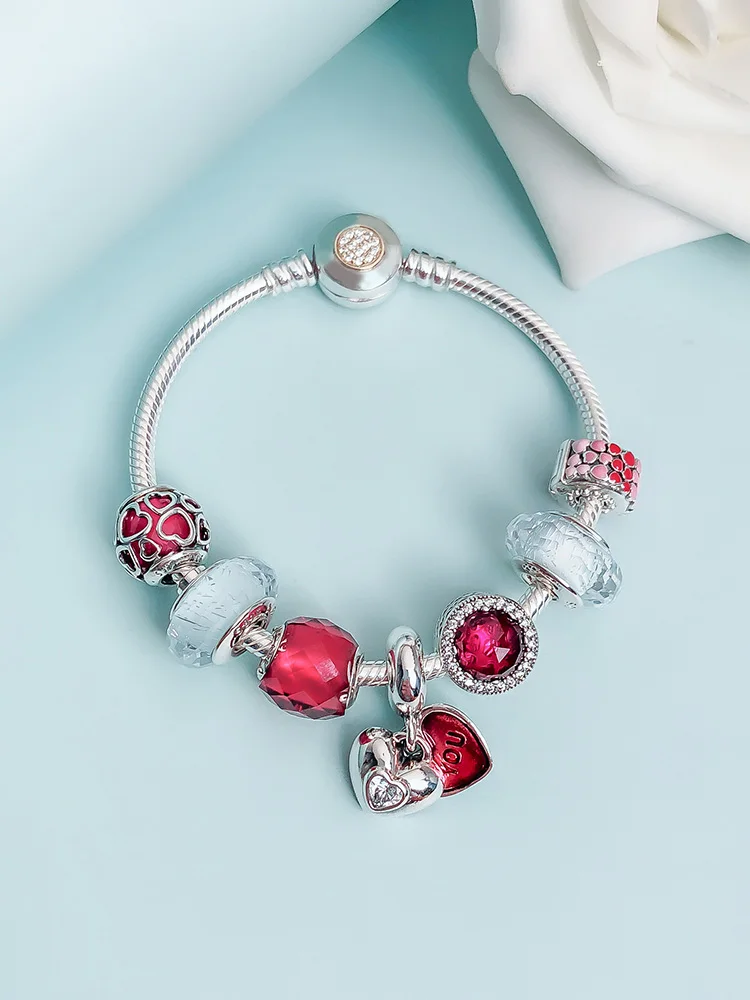 

Kaliyah Shop Original 1:1 100% 925 Pure Silver Charm Red Heart Printing Beaded Bracelet Gift First Choice Free Of Charge