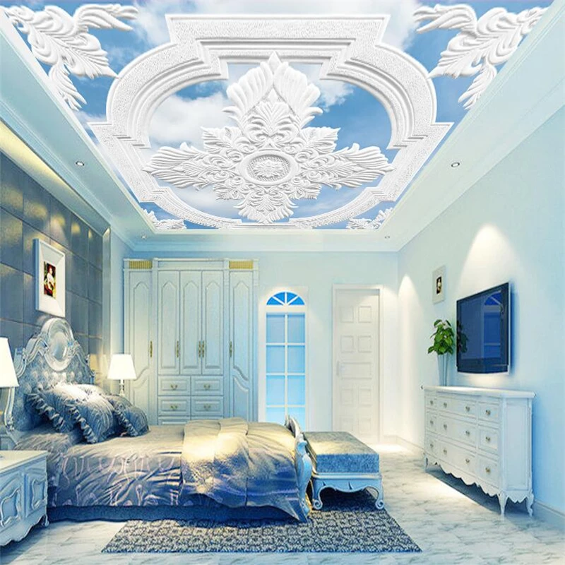 Customized wallpaper 3d white European-style carved blue sky and clouds mural stereo ceiling TV background wall paper | Обустройство