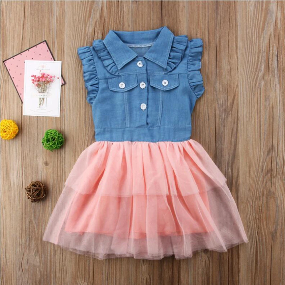 PatPat Flutter-sleeve Denim Tutu Dress Button Closure Summer Casual Lace Lapel Solid Color | Детская одежда и обувь