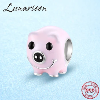 

925 Sterling Silver Pink cute little pig Charm fits europeu Enamel Beads Bracelets silver 925 original jewelry making