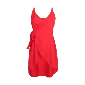 

Fashion Women Spring, Summer Solid Color V-neck Sleeveless Cross Waist Strap Women's Sexy Strappy Knee Length Polyester Dress