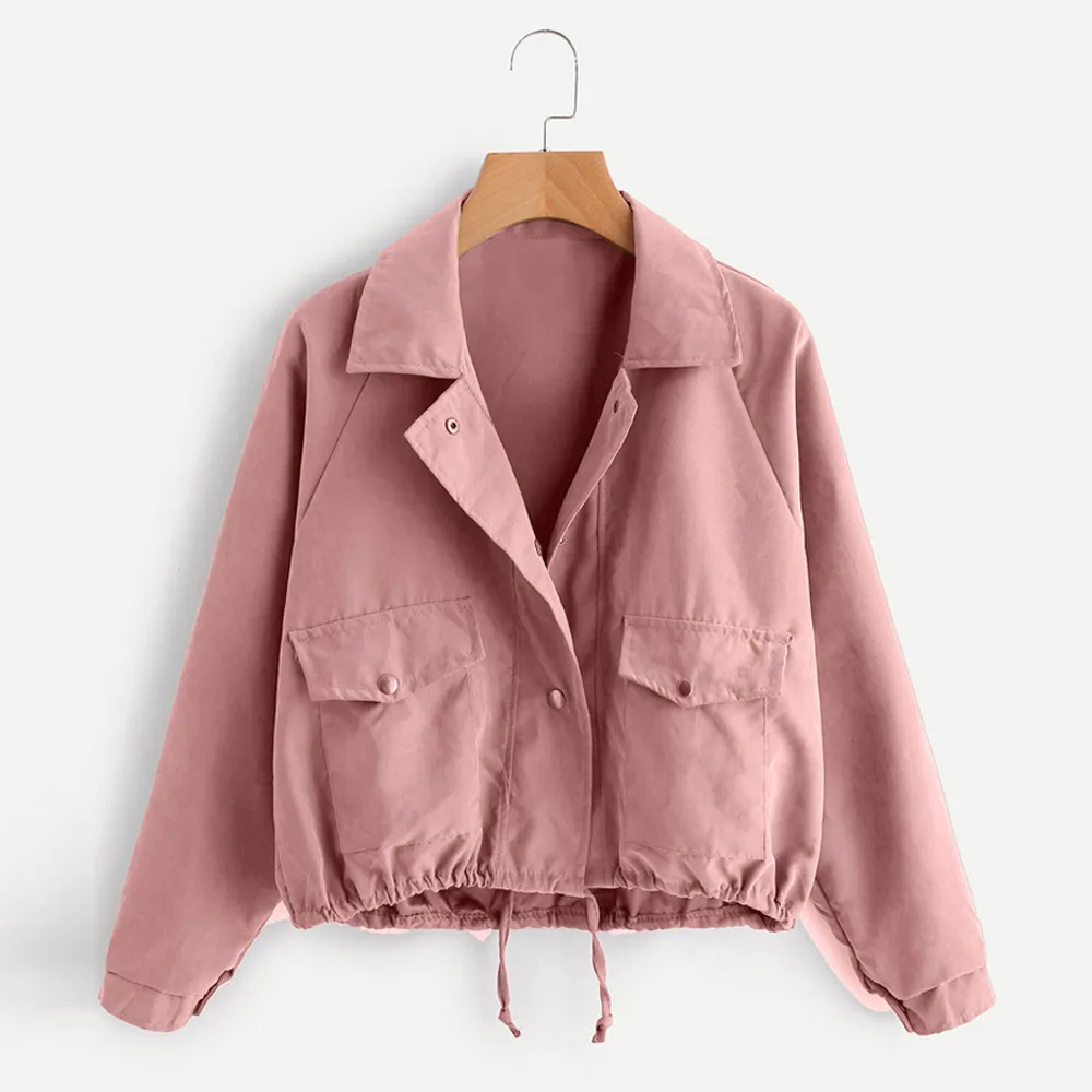 

Diwish Women Pink Long Sleeve Jacket Windbreaker Parka Pockets Cardigan Coat Autumn Outwear Women Clothes