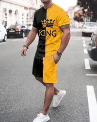 T Shirt col rond pour hommes et femmes, vêtements + Shorts de sport, couture couronne dégradé 3D 
