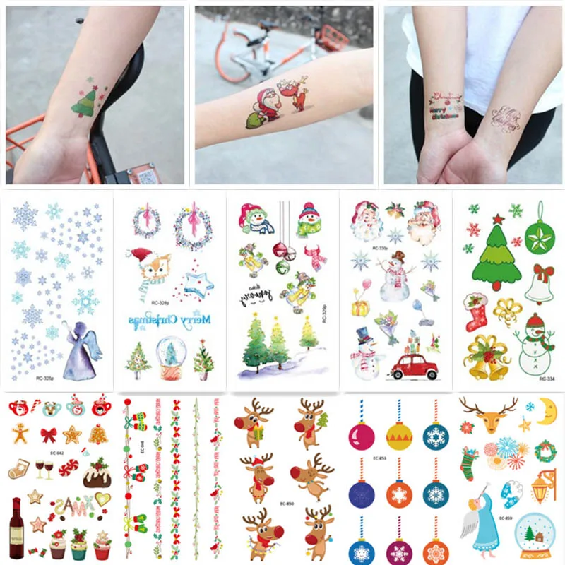 

Christmas tattoo sticker funny snow man tree bell pattern colorful paper water transfer decals for body arm fake tattoo RA043