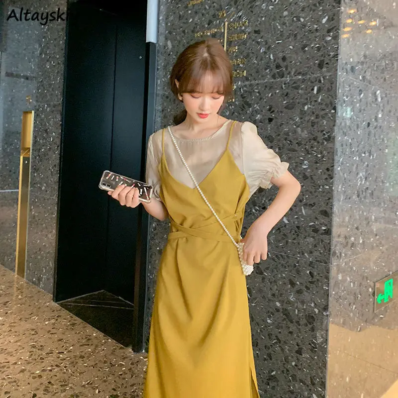 

Dresses Women fake two pieces S-3XL Side-slit Elegant Ladies Designers Pure Summer Female Simple All-match Style Korean Version