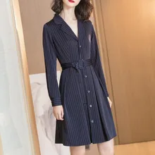 Новинка, элегантное весенне-осеннее платье-Блейзер, женское платье в полоску с длинным рукавом, для офиса, для девушек, для работы, до колена, платья миди, женские с поясом