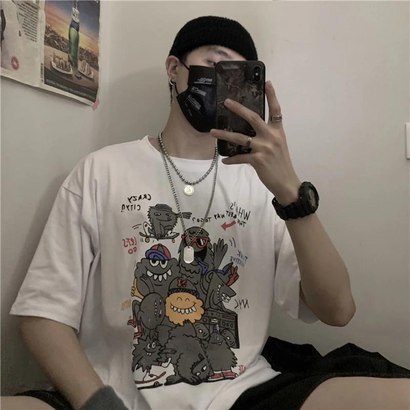 

Hot 2020 summer funny cartoon graffiti print tshirt loose couples all-macth vogue casual clothes high quality crewneck male top