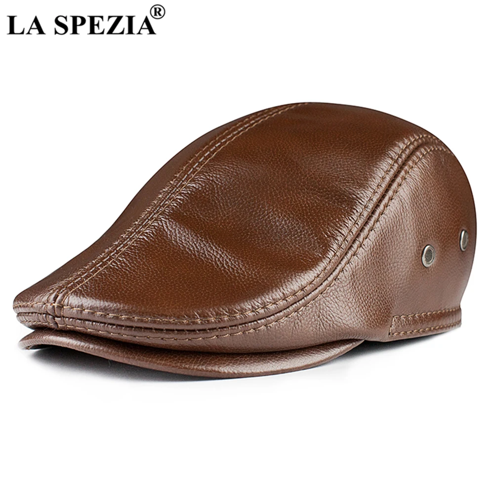 LA SPEZIA Cowskin Mens Beret Real Leather Flat Cap Brown Earflaps Warm Autumn Winter Gatsby Driver Ivy Hat Newsboy 1