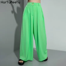 Korean Pants Women Plus Size 2020 Summer Wide Led Loose Casual Solid Stylish Trousers Green Pink 4 Colours Choosed Streetwear