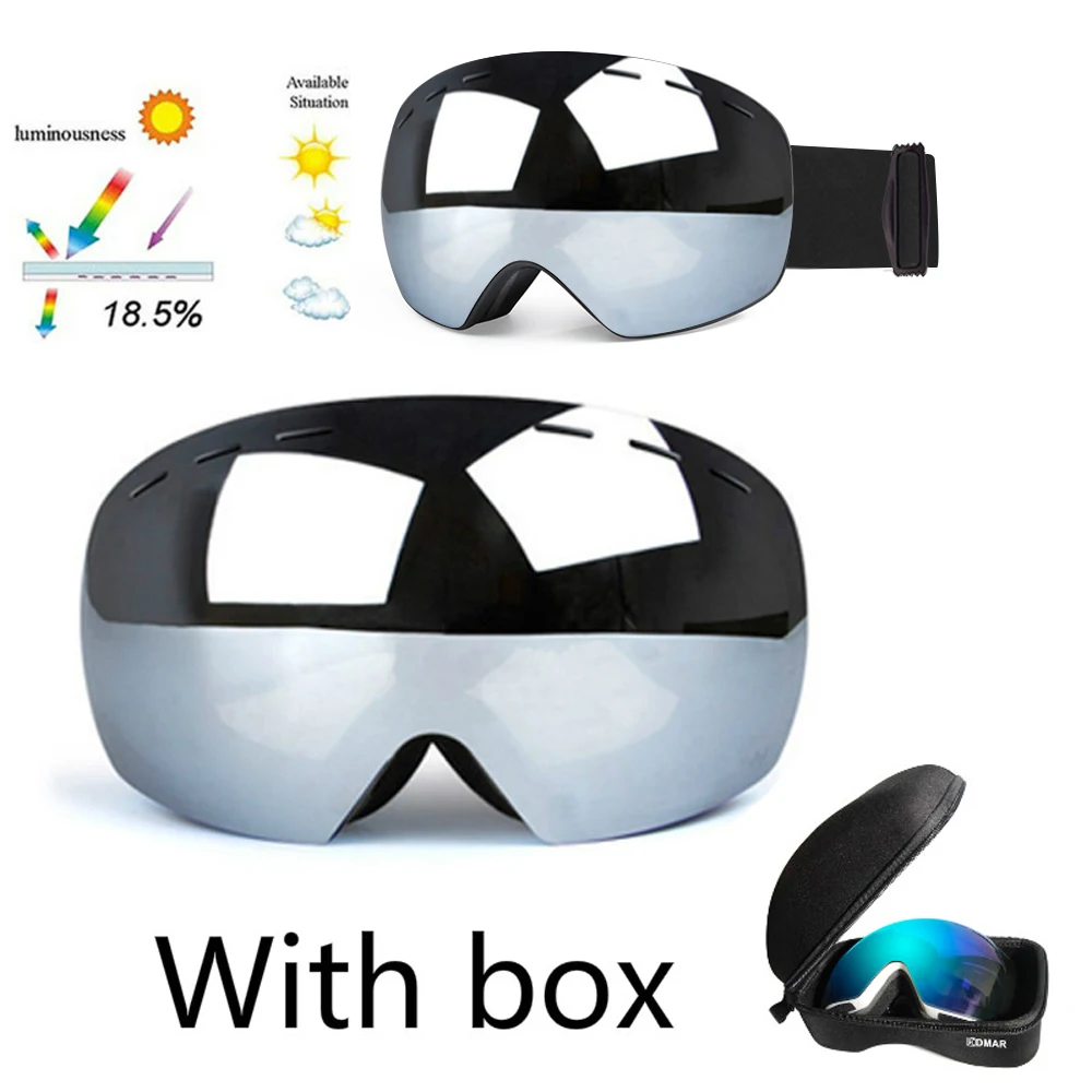 Silver with box DMAR лыжные очки сферические двухслойные UV400 Анти-туман с коробкой защита сохраняет тепло большие линзы очки снег очки катание - Цвет: Silver with box