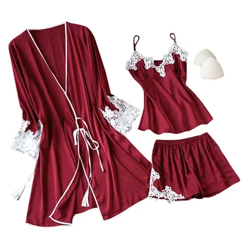 

Spring summer Pajamas for Women Pajamas lace Sleepwear V-Neck Pijama Mujer 3 Piece Sets