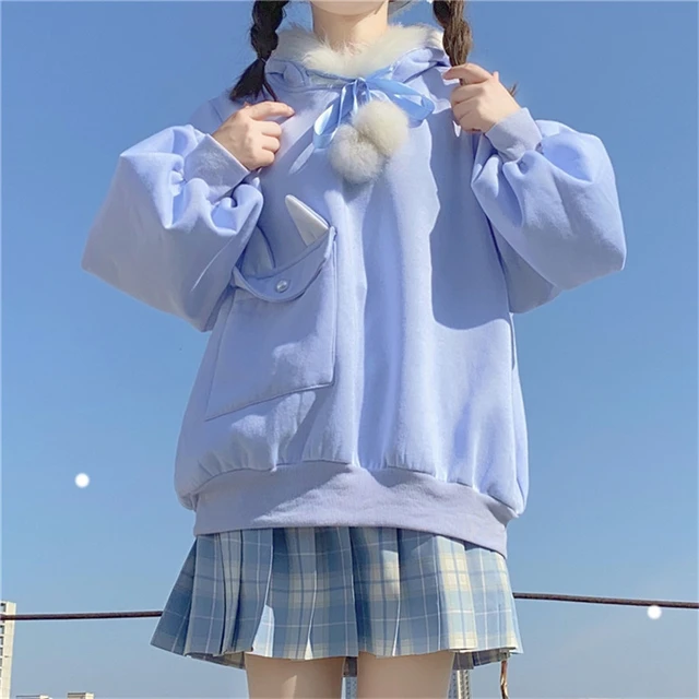 Kawaii Fluffy Bunny Ear Pink Hoodie Women Lolita Teen Soft Girls Cute  Sweatshirt Sweet Aesthetic Oversized Winter Blue Pullover - Hoodies u0026  Sweatshirts - AliExpress