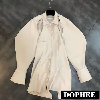 

2019 Autumn New Lapel Split Fork Bubble Waist Belt Waist Long Lantern Sleeve Sexy Shirt Women