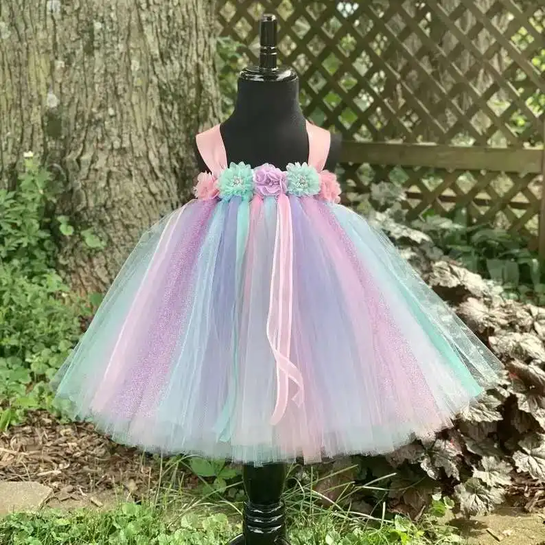 Pastel Rainbow Flower Princess Dress Baby Toddler Rainbow Flower Wedding Party Dresses Kids Girls Clothes Dresses Aliexpress
