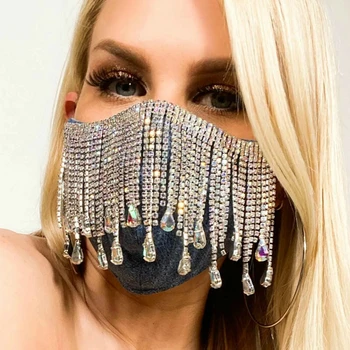

2020 New Shiny Rhinestone Mask Fashion SexyTassel Face Mouth Jewelry For Women Wedding Nightclub Decoration Funny Accessories