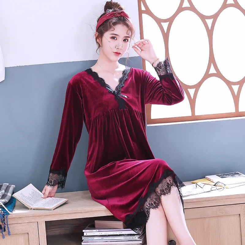 

Nightdress Women's Autumn and Winter One Piece Long Style Noble Sexy Long Sleeve Leisure Warm Solid Color Household Clothes