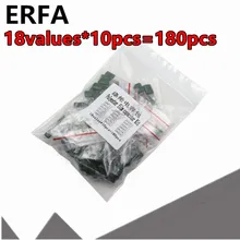 

18values*10pcs=180pcs Polyester film capacitor Assorted Kit contains 2A104J 2A332J 2A472J 2A103J 2A333J 2A473J 2A563J 2A223J