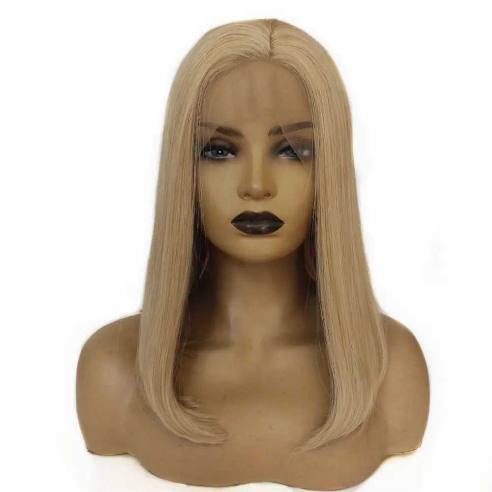 Short Straight Bob Lace Front Wig White Grey Heat Resistant Women's Hair Glueless Synthetic Lace Front Wig Middle Part 14inch