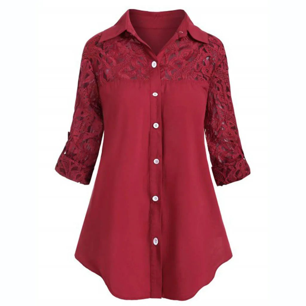 Plus Size Lace Tunic Tops Button Turn Down Collar Women Shirts Autumn Spring Long Sleeve Shirt Blouse For Women 