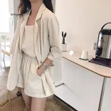  3 Piece Sets Notched Blazer Suits Women Camis 3/4 Sleeve Wide Leg Shorts Blazers Female 2020 Autumn Solid Office Lady Casual Set 