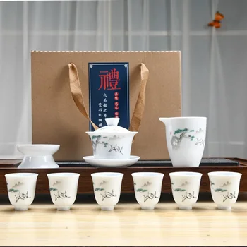 

Whole Set Kung Fu Tea Set Household Flower Stickers Simple Suet Jade Porcelain Tea Set Ceramic Tureen Teacup Sets