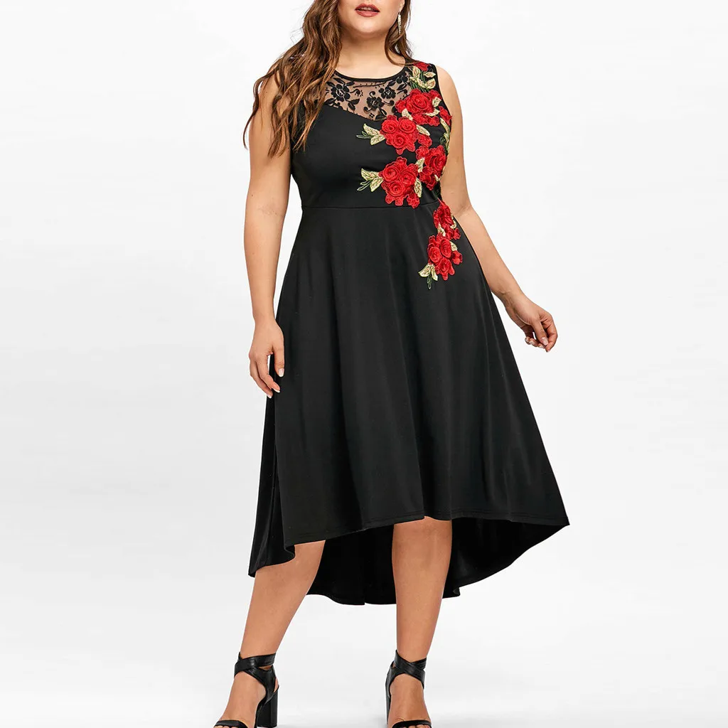 

2019 Women Floral Dress Women Plus Size O-Neck Appliques Zipper Perspective Sleeveless Mesh Dress vestidos de verano robe femme