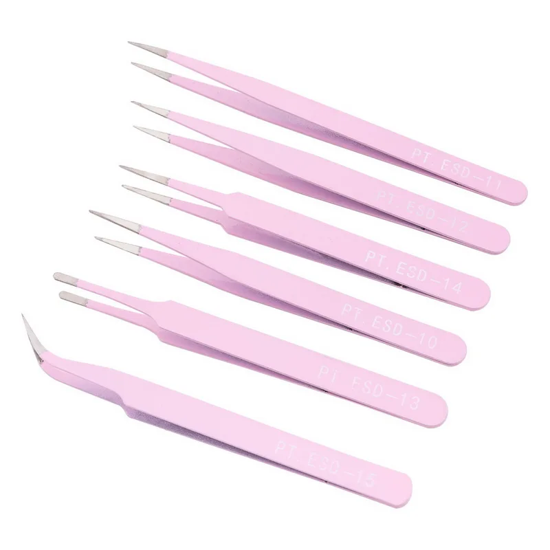pink 6 шт./компл. 4 цвета Пинцет из нержавеющей стали ESD10 11 12 13 14 15 антистатические пинцеты ремонтный набор инструментов Красота Маникюр самодельный пинцет - Тип головки пинцета: pink