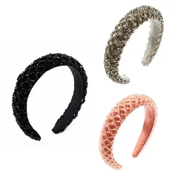 

Korean Women Thick Sponge Padded Headband Rhombus Faux Crystal Glass Beads Hair Hoop Handmade Weave Solid Color Jewelry Crown
