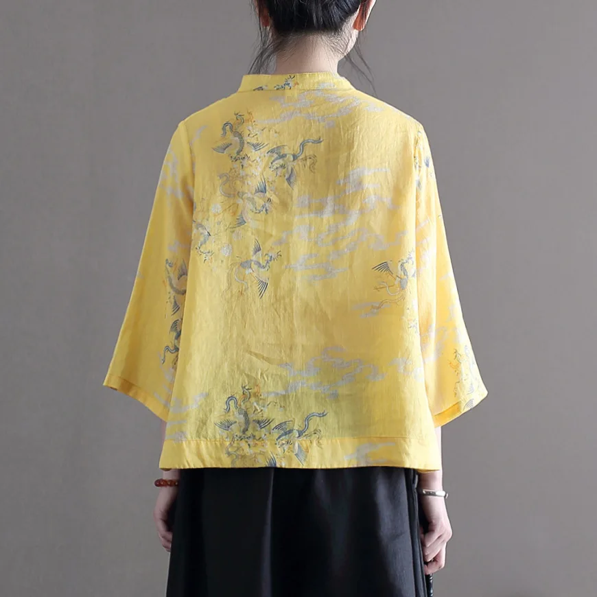 Women Loose Ramie Printed Shirt Tops Ladies Print Ramie Blouse Female 2020 Summer Ramie Stand Collar Shirts 5