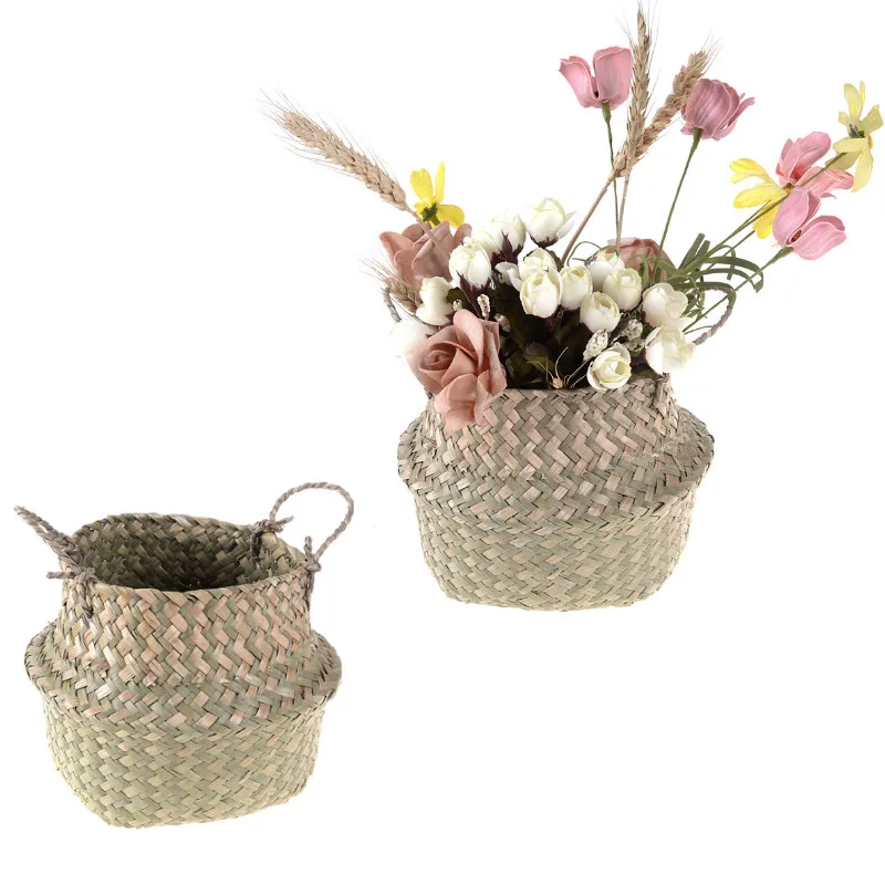 Handmade Bamboo Storage Baskets Foldable Laundry Straw Patchwork Wicker Rattan Seagrass Belly Garden Flower Pot Planter Basket