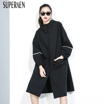 

SuperAen 2019 Autumn New Hooded Women Windbreaker Loose Pluz Size Fashion Trench Coat for Women Wild Casual Women Clothing
