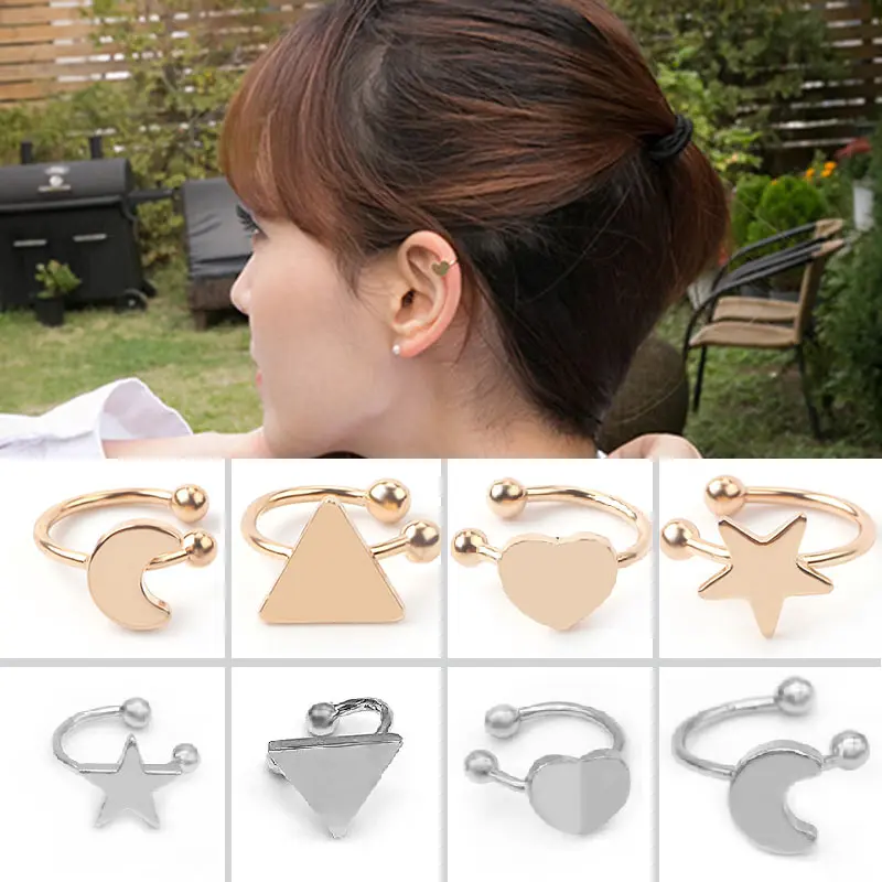 

8PC Fashion Small Gold Silver Copper Moon Clover Star Heart Triangle No Pierced Earclips Earrings for Women