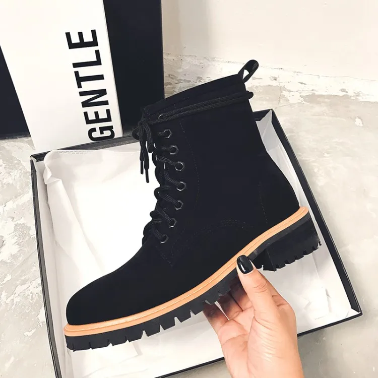 

MLJUESE 2020 women ankle boots Kid Suede black color round toe lace up winter short plush women riding boots