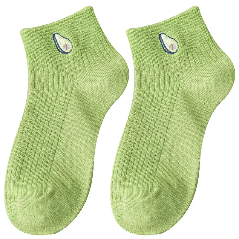 

DeRuiLaDy Women Solid Avocado Embroidery Short Sock Casual Cotton Socks Girls Student Concise Japanese Style Breathable Kawaii