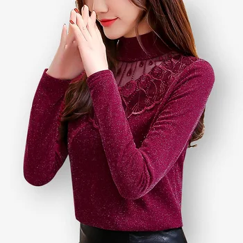 

2019 New Autumn Winter Women Bottom Lace Mesh Diamonds Blouse Shirt Female Slender Warm Long Sleeves Tops Blouse Plus Size 5XL