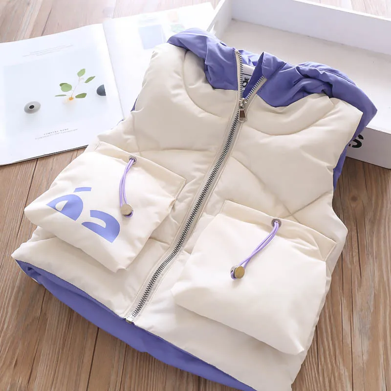 Autumn and Winter Girl Vest Cotton-padded Hood Back Letter Pocket Child Waistcoat Wholesale