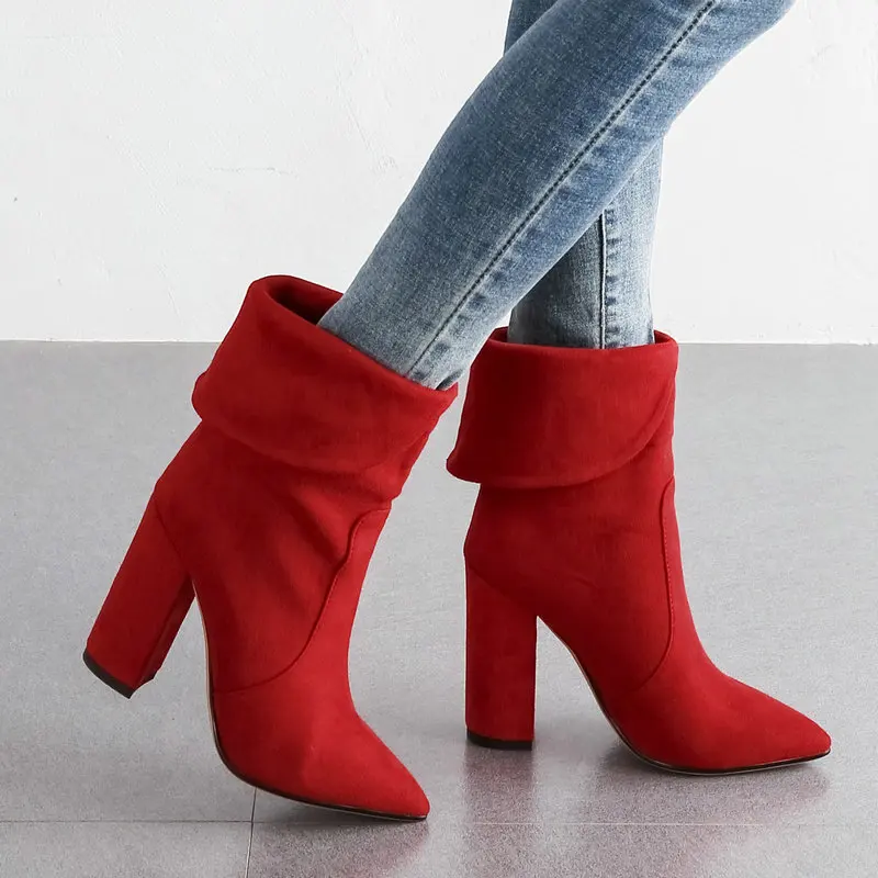 

2019 New High Quality Flock Leather Women Boots Fashion Super High Heel Ankle Boots Pointed Toe Winter Plush Snow Boots Shoes
