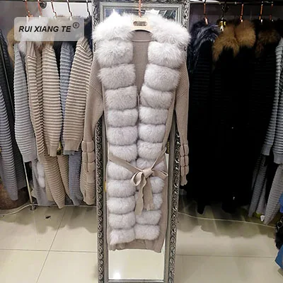 RuiXiangTe/женское пальто из натурального меха; шерстяное вязаное пальто с лисьим воротником; зимняя куртка из натурального Лисьего меха; зимнее длинное пальто - Color: picture color E