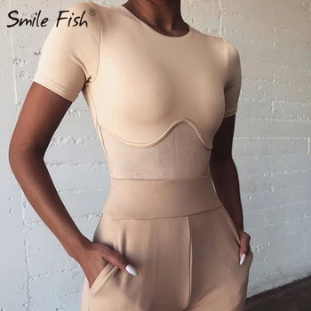 

Chest Up Short Sleeve Solid Bodysuits Women Bodycon O-neck Khaki Body Tops 2020 Casual White Black Rompers Mujer Overalls G1486