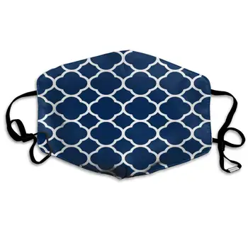 

Unisex Premium Polyester Anti Dust Mouth Face Cover Mask, Navy White Moroccan Quatrefoil Lattice Comfy Half Face Masks Washable