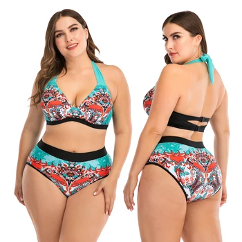 

2020 Plus Size Bikinis Women Swimsuit Print High Waist Swimwear Bathing Suit Two Piece Bikini Set Vintage Retro Beach Wear 4XL