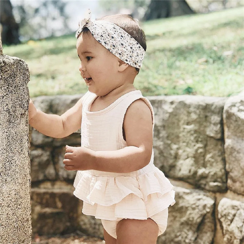 Newborn Baby Girl Princess Rompers Summer Solid Ruffles Sleeveless Cotton Linen Jumpsuit Sunsuit Baby Summer Clothing 0-24M