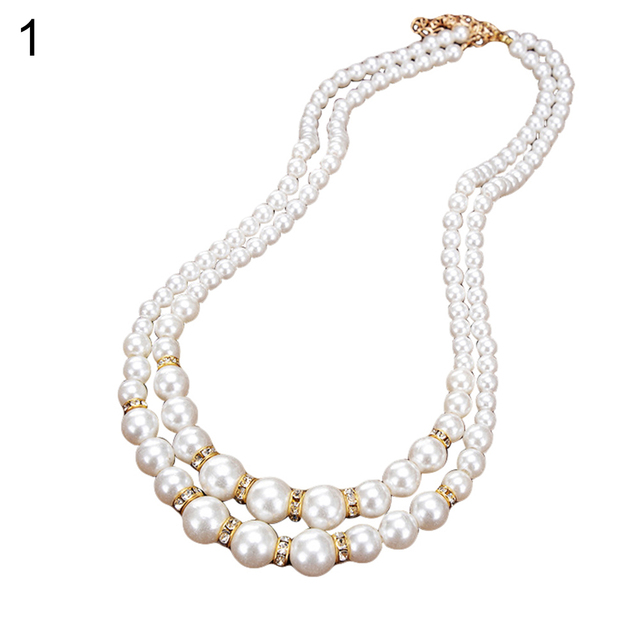 Women Faux Pearl Beads Rhinestone Inlaid Double Layer Necklace Jewelry Stainless Steel Jewelry Woman Accessories