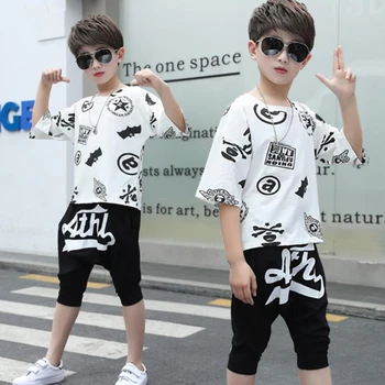 

2020 new child Clothing boys Summer clothes Fashion print sports suit short-sleeved T-shirt + pants 4-12 y kids quality costumes