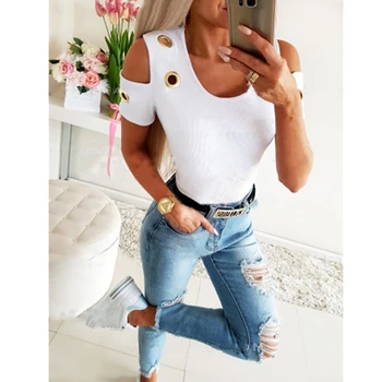 

Women T-shirts Summer Sexy Hollow Out Off Shoulder Slim Tee Shirts Casual Vintage O-neck Short Sleeve Sequined Solid Tees Tops