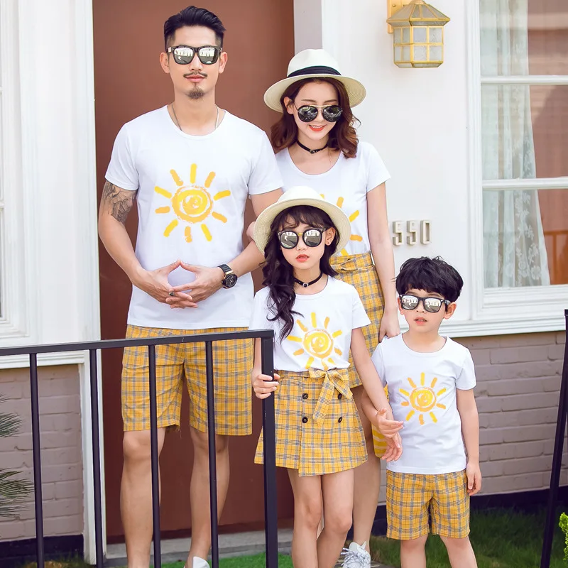 Sun Pattern Round Neck Family Fitted Summer 2019 New Cotton Short Sleeve T-shirt Mother-Daughter a Family of Four Full