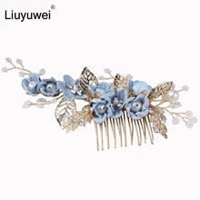 Фиолетовый Синий Розовый цветок расчески для волос Свадебные аксессуары для волос шпилька жемчужная Тиара Свадебные Заколки Золотые листья невесты украшения для волос
