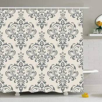 

Shower Curtain for Bathroom 66x72 Gray Pattern Baroque Flourishes Flower Abstract Royal Damask Foliage Vintage Antique Curtains